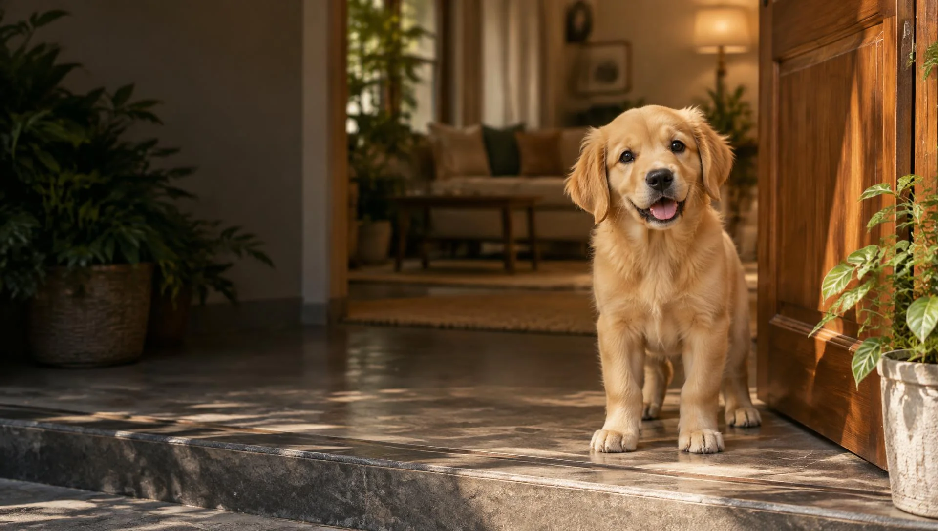 Golden retriever puppy waiting at an open front door